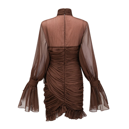 Jade Brown Ruched Tulle Mini Dress