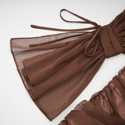 Jade Brown Ruched Tulle Mini Dress