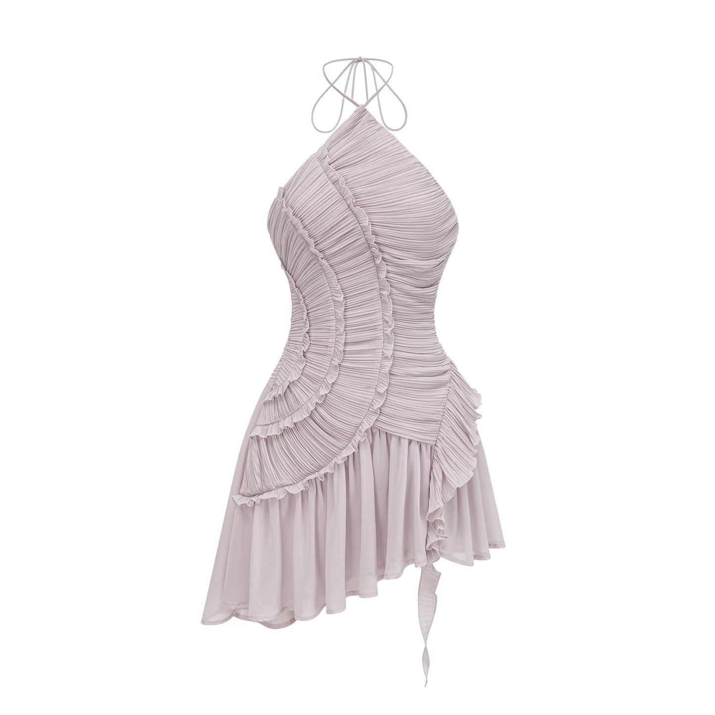 Doux Purple Ruffled Trim Pleated Mini Dress