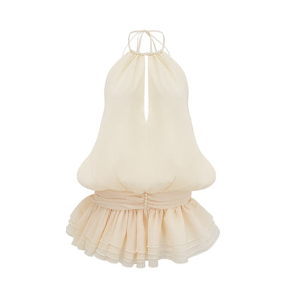 Bérénice white halterneck faux-pearl mini dress