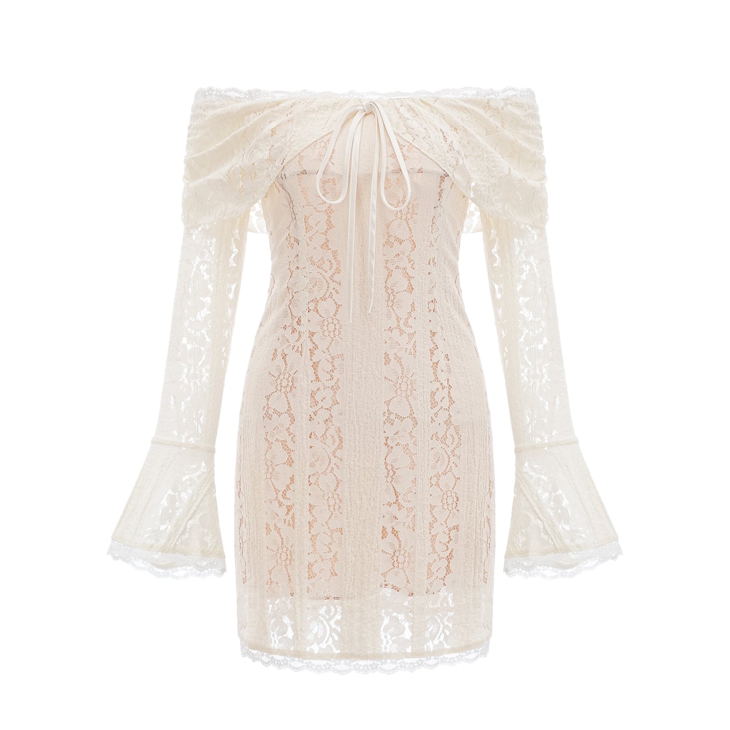 Émeline floral lace flared-cuff mini dress in Neutrals