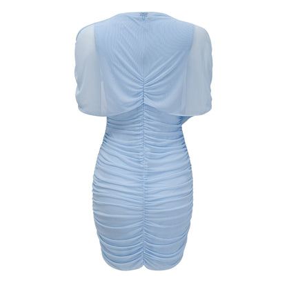 Sylphe Baby-Blue Asymmetrical Pleated Sleeveless Mini Dress