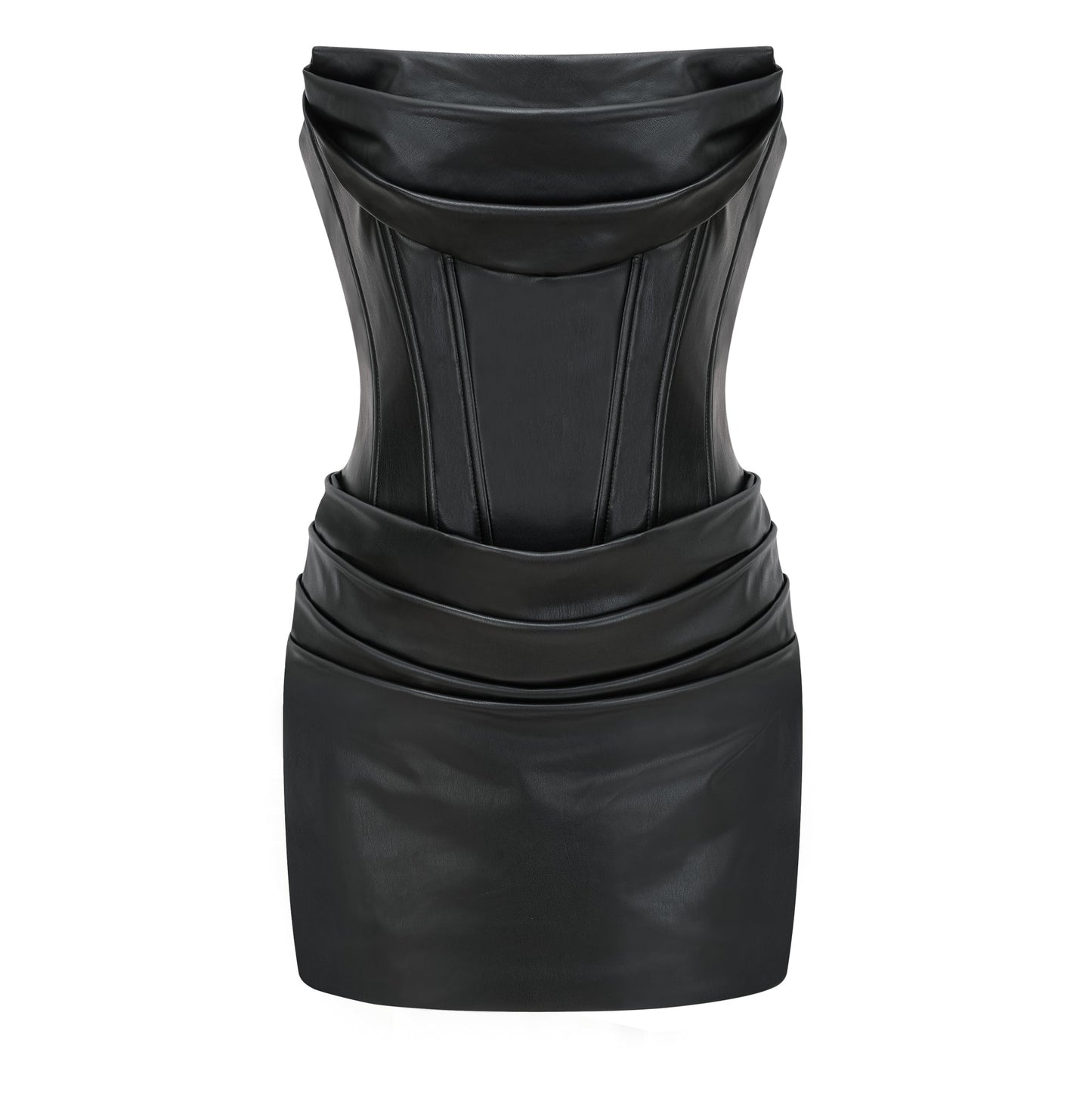 Agnes Black Ruched Leather Bodycon Mini Dress