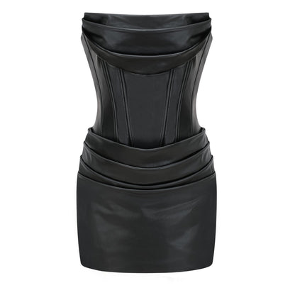 Agnes Black Ruched Leather Bodycon Mini Dress