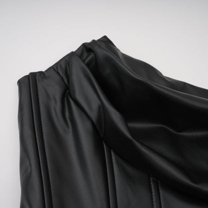 Agnes Black Ruched Leather Bodycon Mini Dress