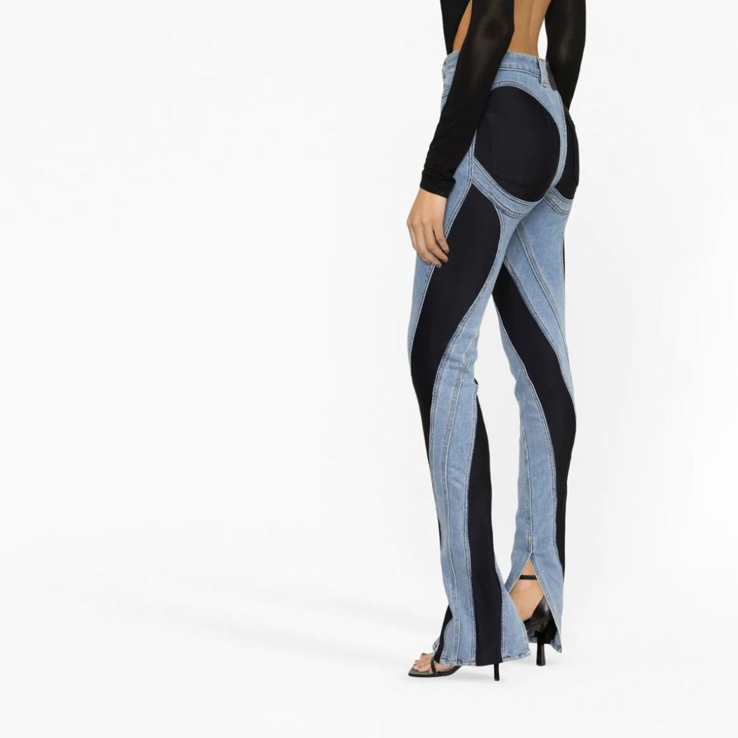 Denim Patchwork Black and Blue High Waist Slit Slim Jeans