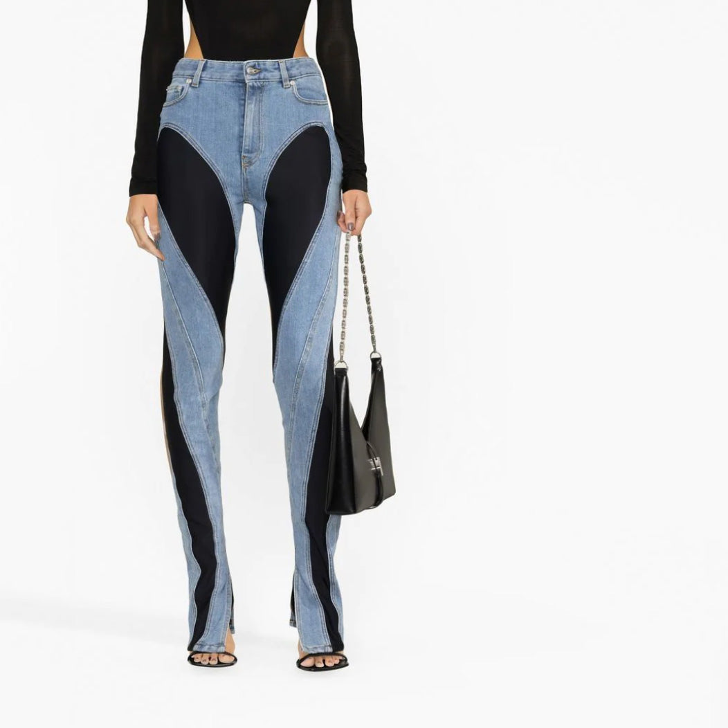 Denim Patchwork Black and Blue High Waist Slit Slim Jeans