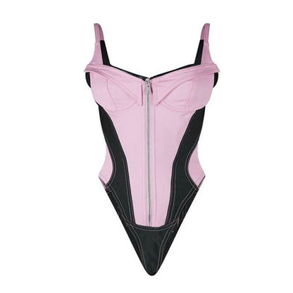 Pink Denim Patchwork Lace Up Zipper Bodysuit