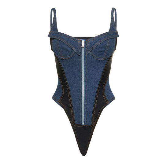 Dark Blue Denim Patchwork Lace Up Zipper Bodysuit
