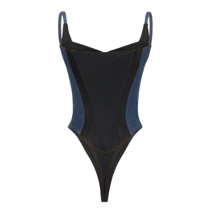Dark Blue Denim Patchwork Lace Up Zipper Bodysuit