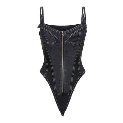 Black Denim Patchwork Lace Up Zipper Bodysuit