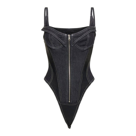 Black Denim Patchwork Lace Up Zipper Bodysuit