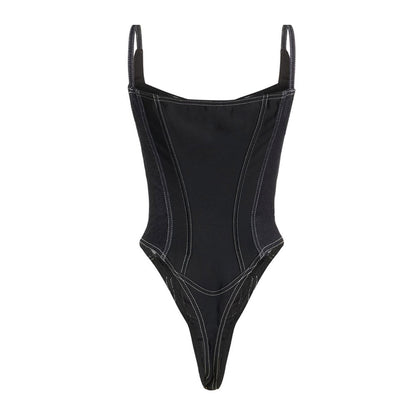 Black Denim Patchwork Lace Up Zipper Bodysuit