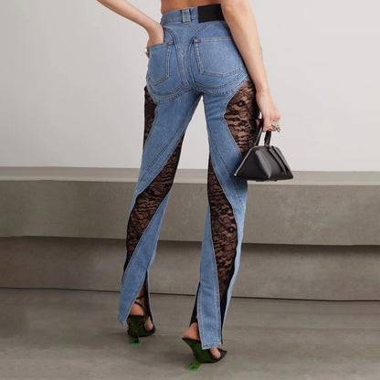 Denim Patchwork Lace and Blue High Waist Slit Slim Jeans