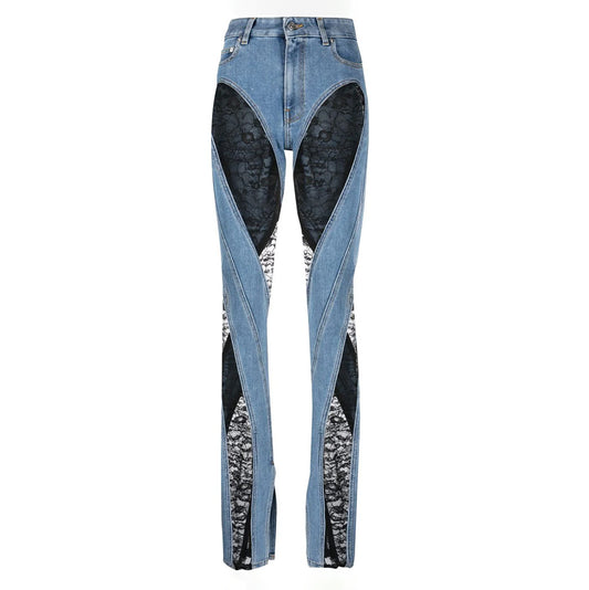 Denim Patchwork Lace and Blue High Waist Slit Slim Jeans