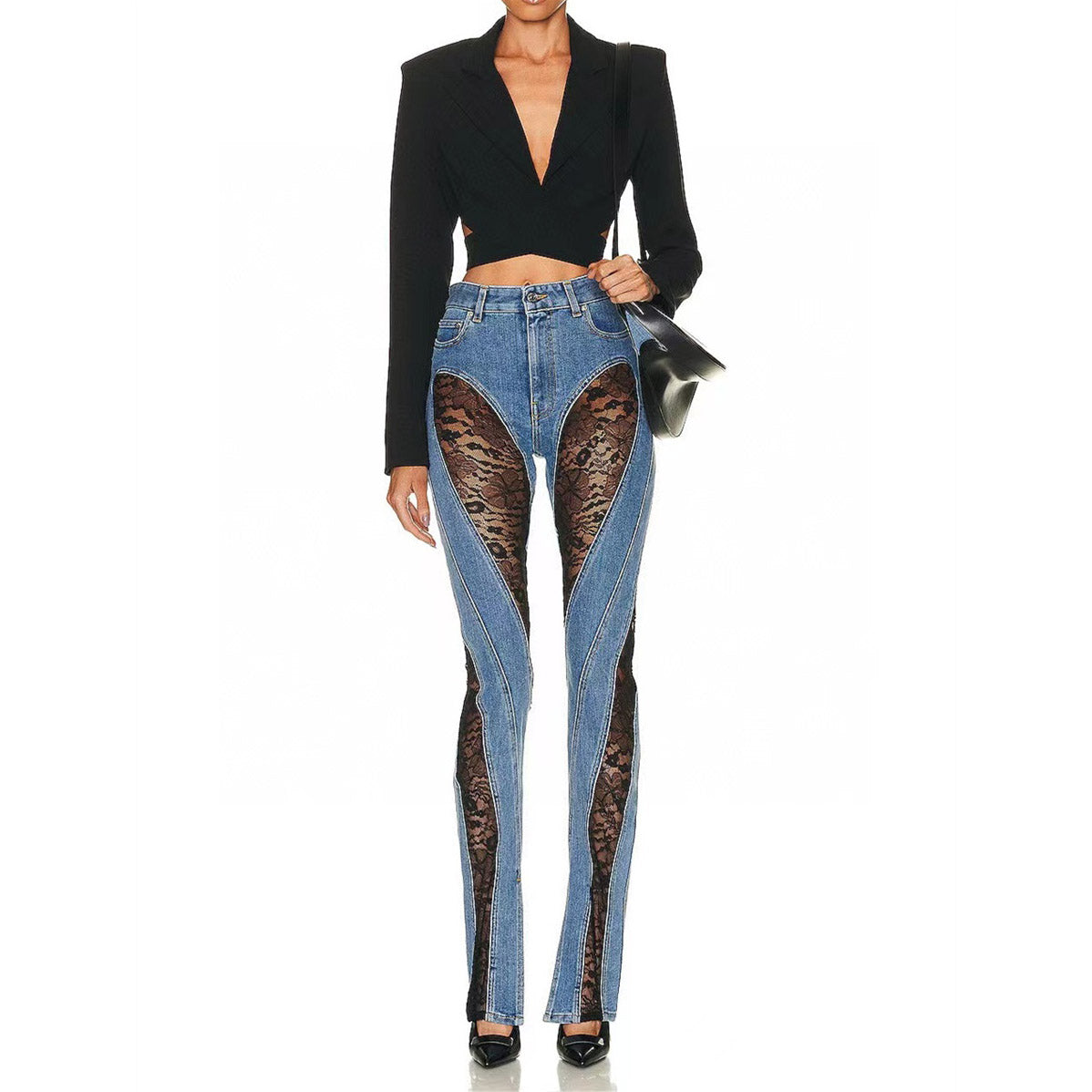 Denim Patchwork Lace and Blue High Waist Slit Slim Jeans