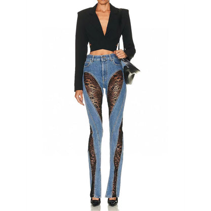 Denim Patchwork Lace and Blue High Waist Slit Slim Jeans