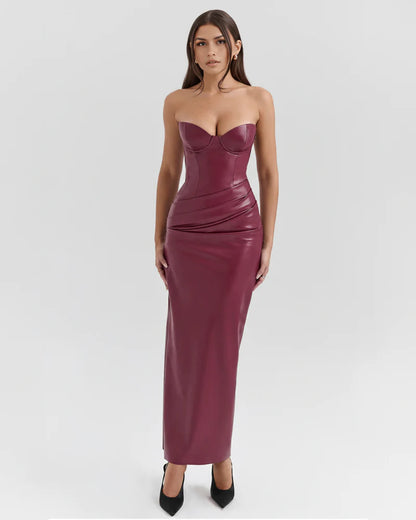 Burgundy Strapless Lace-Up Maxi Dress – Vegan Leather Bodycon Evening Gown for Women