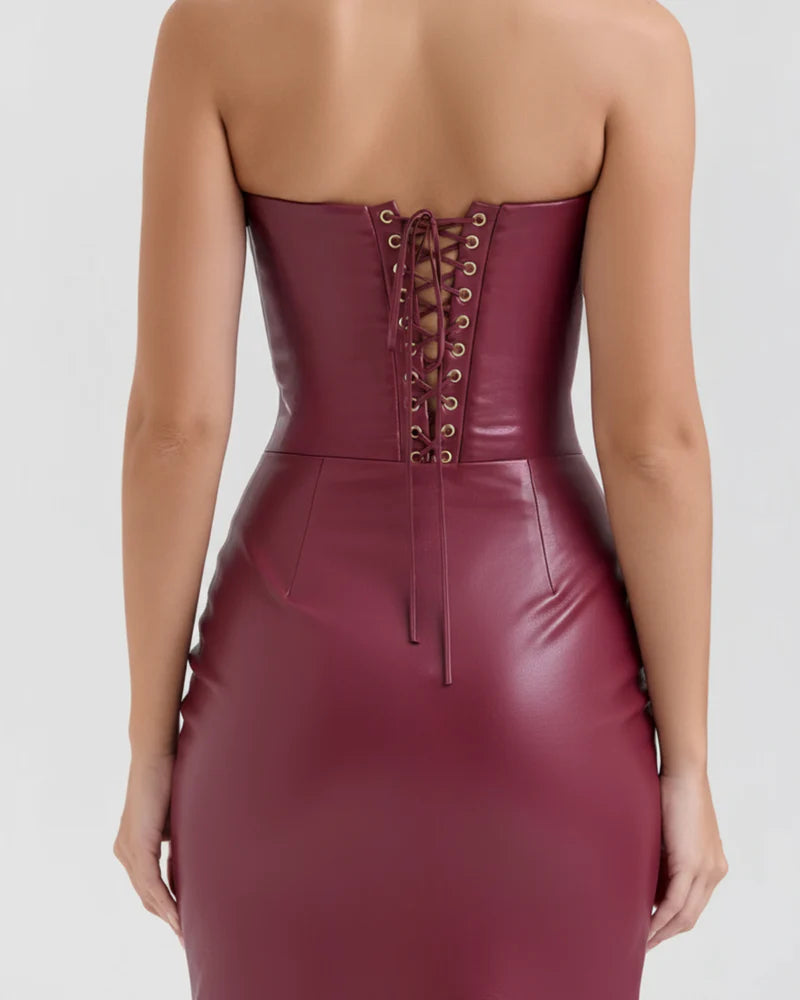 Burgundy Strapless Lace-Up Maxi Dress – Vegan Leather Bodycon Evening Gown for Women
