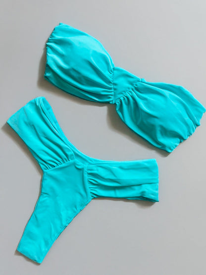 Pink Bandeau Bikini Set – Strapless Brazilian Thong Swimwear with High-Cut Bottoms