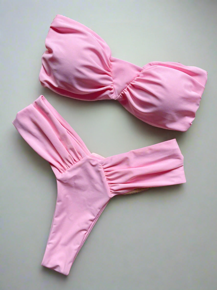 Pink Bandeau Bikini Set – Strapless Brazilian Thong Swimwear with High-Cut Bottoms