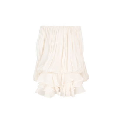 Zofia White Glossy Pleated Tiered Mini Dress