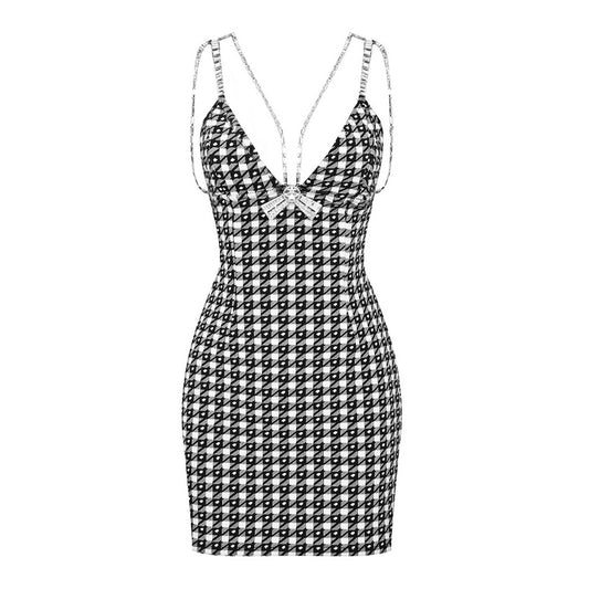 Houndstooth Crystal Bow V Neck Mini Dresses