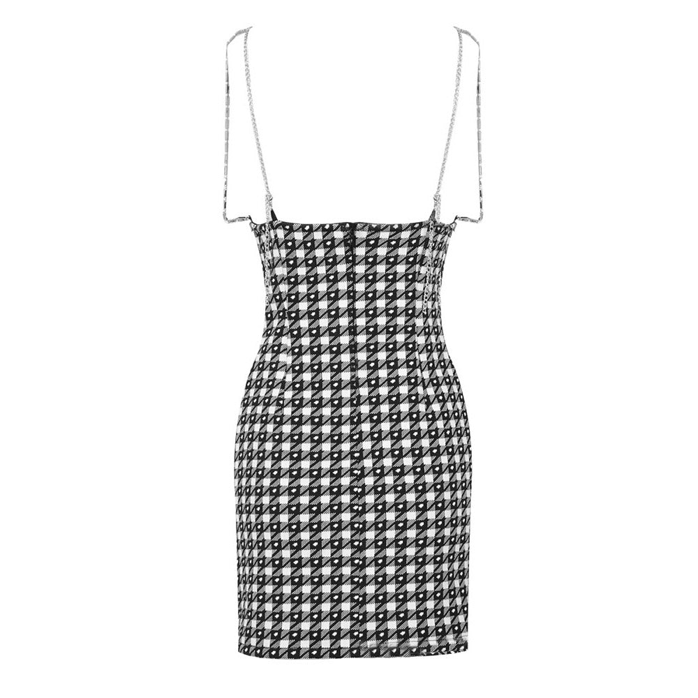 Houndstooth Crystal Bow V Neck Mini Dresses