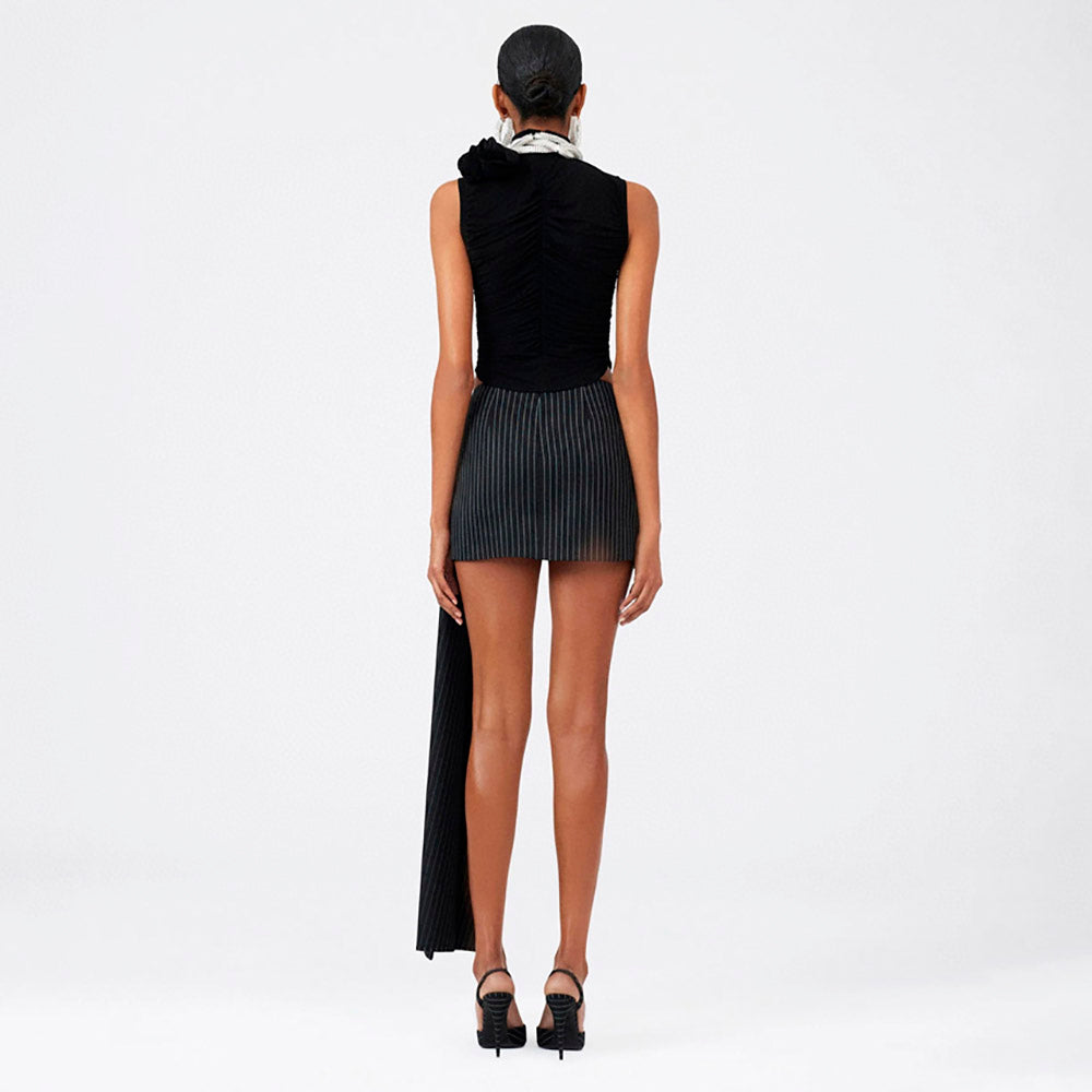 Flower Decorated Lace Hem Black Mini Skirt