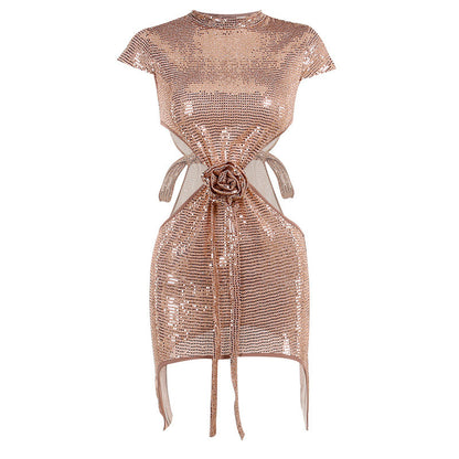 Champagne Glitter Rose Bow Side Hollow Out Mini Dress
