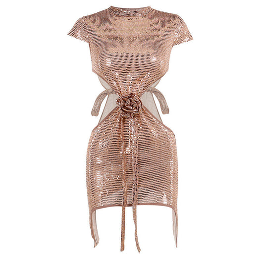 Champagne Glitter Rose Bow Side Hollow Out Mini Dress