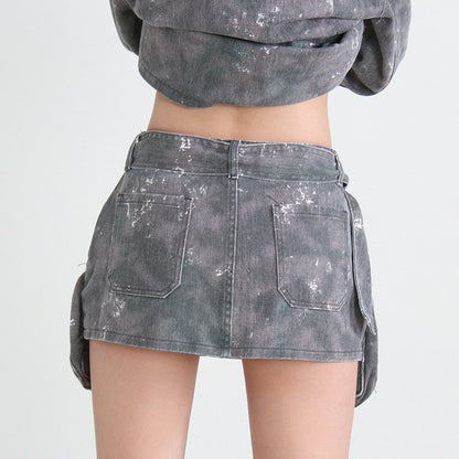 Grey Denim Pockets High Waist Skirt
