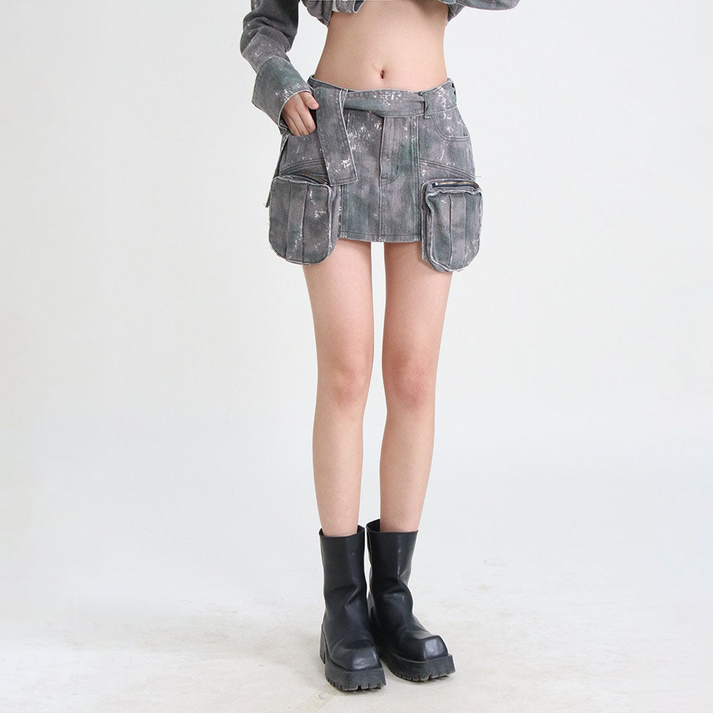 Grey Denim Pockets High Waist Skirt