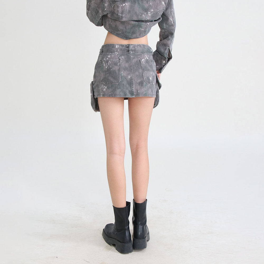 Grey Denim Pockets High Waist Skirt