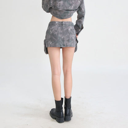 Grey Denim Pockets High Waist Skirt
