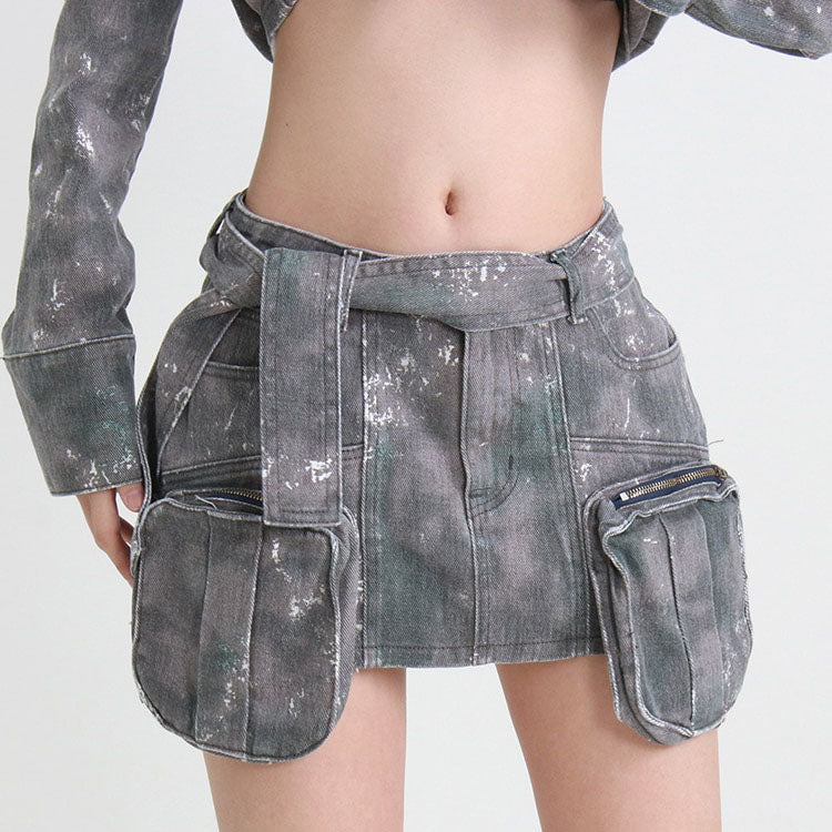 Grey Denim Pockets High Waist Skirt