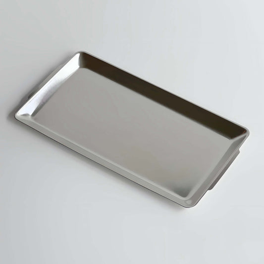 Small 22x11cm stainless steel tray with minimalist design for snacks and everyday use.