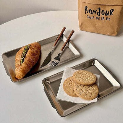 Medium stainless steel serving tray, 27 x 15 cm, with modern minimalist design for appetizers, made from premium 304 stainless steel.