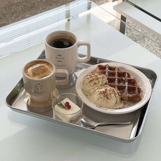 Minimalism stainless steel serving tray with elegant design, showcasing a cup and saucer, perfect for stylish serving and display.