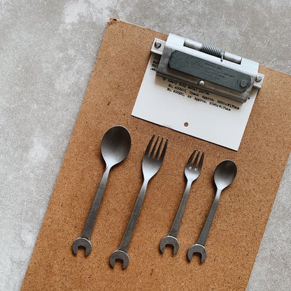 Vintage INOX Spanner Tea Spoon with unique wrench handle design, playful cutlery, dishwasher safe, durable, 150mm length.