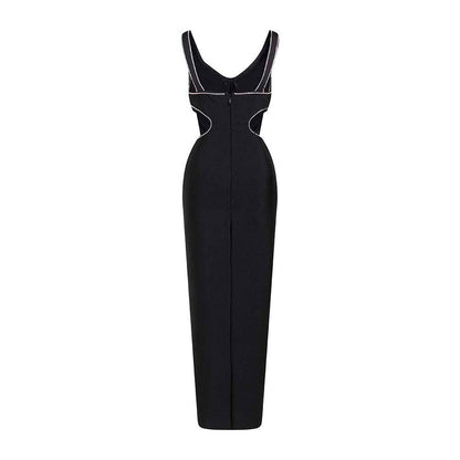V-neck Sleeveless Hollow out Black Crystals Side Split Maxi Dress