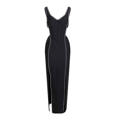 V-neck Sleeveless Hollow out Black Crystals Side Split Maxi Dress