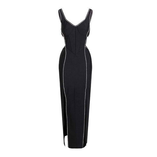 V-neck Sleeveless Hollow out Black Crystals Side Split Maxi Dress