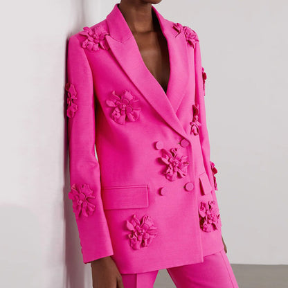 Double-Breasted 3D Flowers Pink Jacket