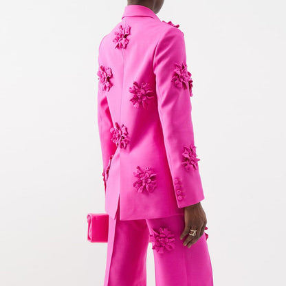 Double-Breasted 3D Flowers Pink Jacket