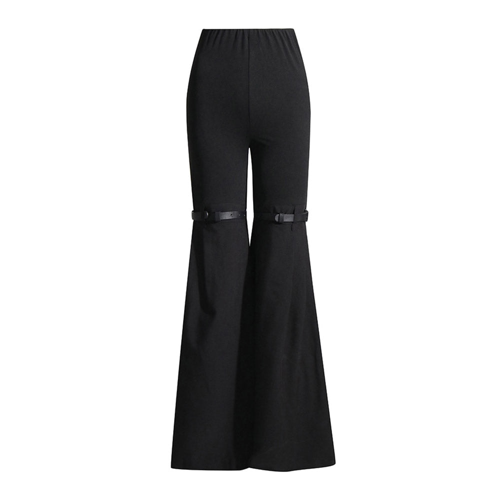 Knees Waist Patchwork Black Flared Pants