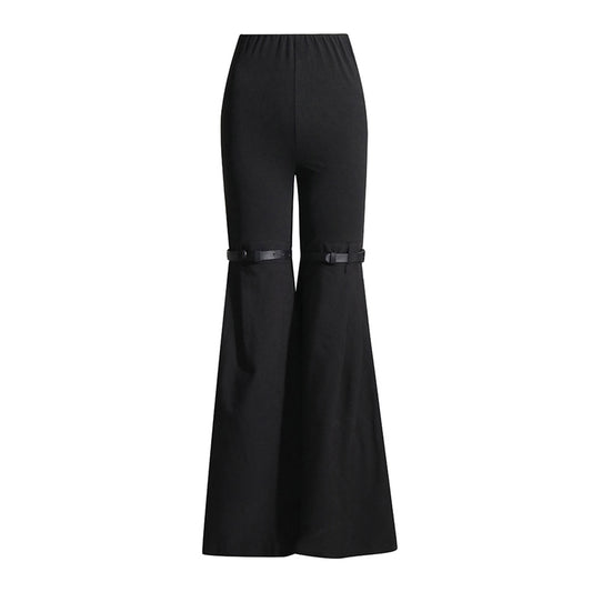 Knees Waist Patchwork Black Flared Pants