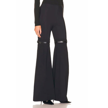 Knees Waist Patchwork Black Flared Pants