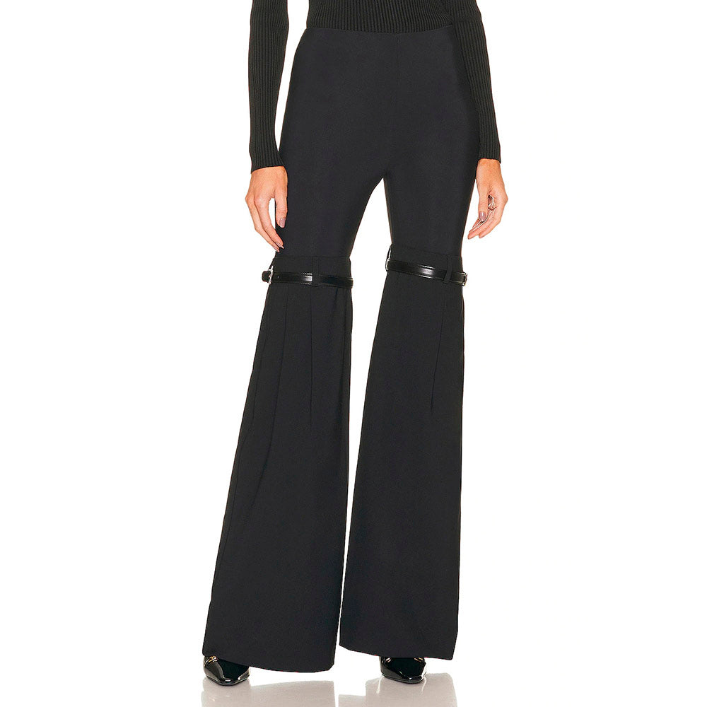 Knees Waist Patchwork Black Flared Pants