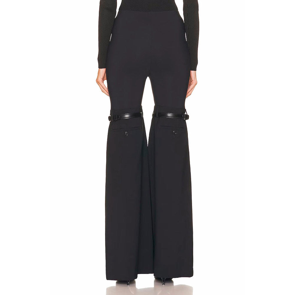 Knees Waist Patchwork Black Flared Pants